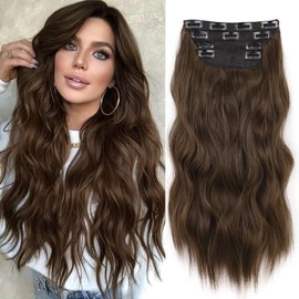 XFSRG 4 Teilige Clip In Haarverlängerung 60 cm Länge mit Gewellten Synthetischen Haaren für mit Praktischen Clips für Sofortiges Volumen und Natürlichen Look (Hellbraun)
