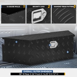 Auto Dynasty 38" Aluminum Truck Bed Box Tool Underbody Box Trapezoid Truck Storage Irregular Organizer Chest w/Lock & Keys for Pick Up Truck Bed, RV Trailer, 38" R x 26" F x 14.25" x 12", Black