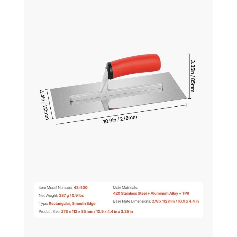 VEVOR Concrete Tools, Stainless Steel Flat Finishing Trowel, 10.9 x