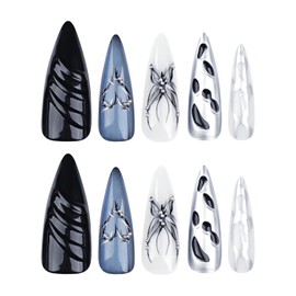 24 Pcs Almond Press on Nails Medium Fake Nails Silvery Full Cover Stick on Nails with Water Ripple Butterfly Designs Glossy False Nails 3D Nail Charms French Tip Nails for Women Girls