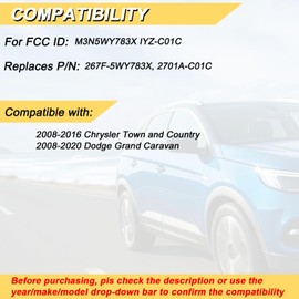 Vurkcy Key Fob Replacement for 2008-2020 Dodge Grand Caravan/ 2008-2016 Chrysler Town and Country Car Keyless Entry Remote Control, M3N5WY783X IYZ-C01C, 6 Btn, 2Pcs