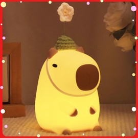 Okayera Cute Capybara Night Light, Squishy Animal Flower Lamp with Rechargeable Timer Dimmable, Nursery Nightlight Home Bedside Decor Birthday Christmas White Elephant Gift for Kids Women Friend