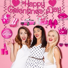 Galentine's Day Hanging Decorations-10Pcs Galentine's Day Hanging Swirls,Pink Glitter Happy Galentine's Day Banner and XOXO Love Ceiling Hanging Decorations Galentine’s Photo Booth Props