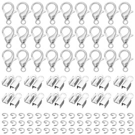 500Pcs Fold Over Cord Ends Kit for Jewelry Making,Jewelry Making Accessories Set Includes 100Pcs Lobster Claw Clasps 200Pcs Jump Ring 200Pcs Cord Clamp Ends Crimp for Leather Ribbon