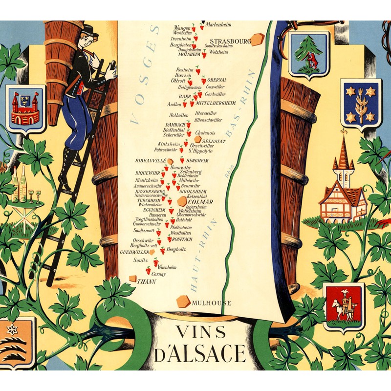 Vintage French Wine Map Poster - Vins d'Alsace - Les