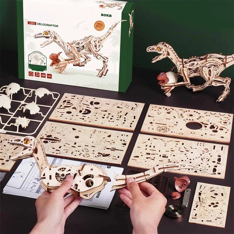 ROKR 3D Wooden Puzzle Velociraptor Dinosaur Toy DIY Mechanical Model