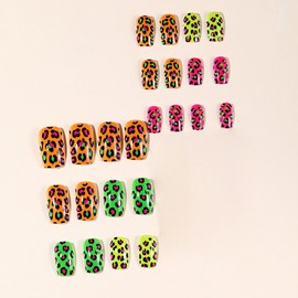 MERVF Square Press ons Nails Medium Fake Nail Colorful Leopard Print Glue ons Wild Acrylic Nail Neon Summer Squoval Manicure Supplies Art 24pcs Glossy