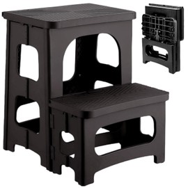 Folding 2-Step Stool, Non-Slip Collapsible Step stools for Kids & Adults, Multipurpose Bedside Ladder Footstool, Holds 330 lbs, Portable Step Stools for Kitchen Home Toilet Bedroom Office RV, Black