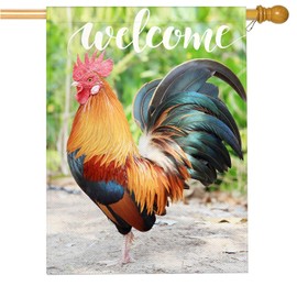 Mugod Welcome Rooster House Flag 28 x 40 Double Sided Outside Burlap, Farm Animal Chicken Decor Yard Art Outdoor Large Yard Flags Seasonal Porch Holiday Decoration