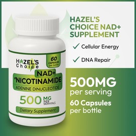 HAZEL'S Choice NAD+ Nicotinamide Adenine Dinucleotide Supplement 500mg, 60 Capsules, Supports Cellular Energy & Metabolic Function
