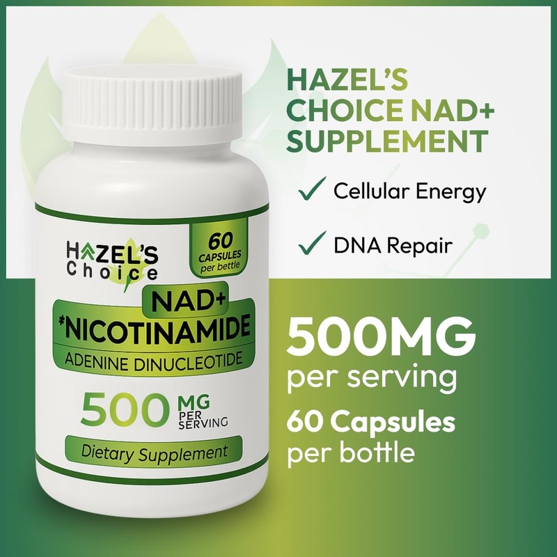 HAZEL'S Choice NAD+ Nicotinamide Adenine Dinucleotide Supplement 500mg, 60 Capsules,