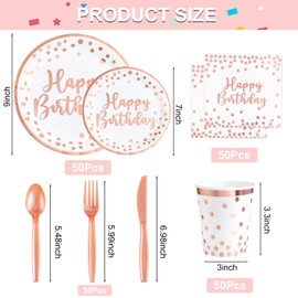 Supernal 350pcs Rose Gold Plates and Napkins Party Supplies,Birthday Plates,Happy Birthday Paper Plates,Rose Gold Birthday Plates and Napkins,Cups,Forks,Knives,Spoon for Women Birthday Decorations