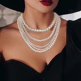 EVER FAITH Vintage 5 Layered Faux Pearls Strand Necklace for Women, 1920s Cosply Party Accessories Multi-Layered Simulated Pearl Bib Collar Statement Necklaces for Prom