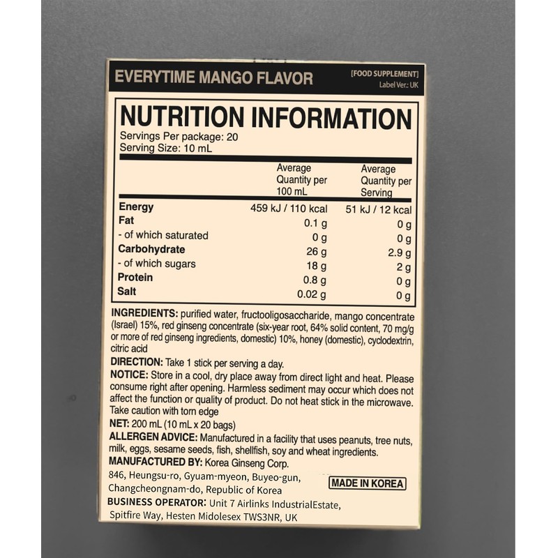 Everytime Korean Red Ginseng Extract 1,050mg & Mango (20 Sticks,