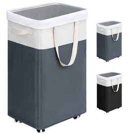 Goodpick Laundry Basket with Wheels, 75L Laundry Hamper for Dirty Clothes, College Dorm Essentials, Clothes Hamper for Livng Room, Grey&White