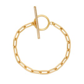 LeCalla 925 Sterling Silver 14K Gold-Plated Italian Links Paperclip Chain Bracelet with Cubic Zirconia Toggle bar Clasp for Women 7.5 Inches