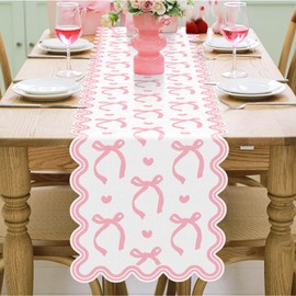 Windkream Pink Bow Table Runner 72 Inches Cute Bow Heart Fabric Scalloped Table Runner Coquette Dining Decor for Birthday Baby Shower Party Valentine's Home Decor