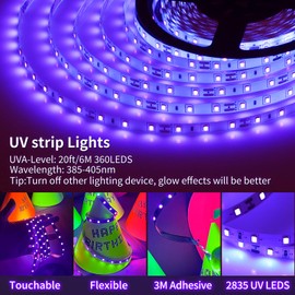 TigQiang Black Light Strip, 20ft/6M Flexible LED Black Light with kit, 360 lamp Beads, 12V LED Light, Non-Waterproof for Indoor Fluorescent Dance Party, Stage, Birthday, Wedding, Dark Party