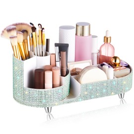 Resholder Teen Girls Women Gift Bling Makeup Organizer Large Girly Bathroom Organizer 360 Rotating Rhinestone Diamond Skin Care Brush Holder for Countertop,Bathroom Essentials(White,AB Rhinestone)