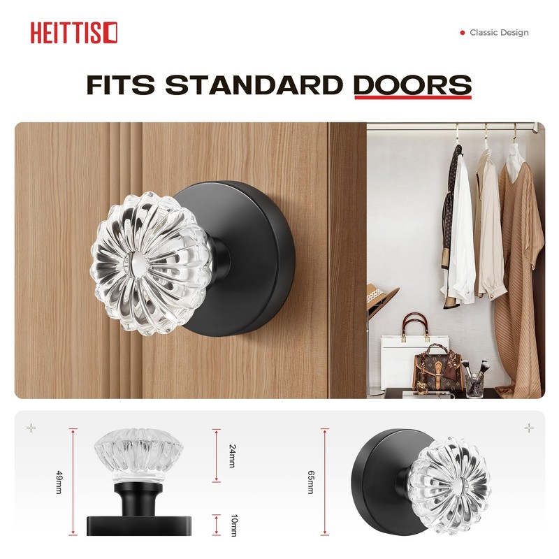 Heittis1 Pack Crystal Door Knobs Interior,Round Passage Glass Door Knob
