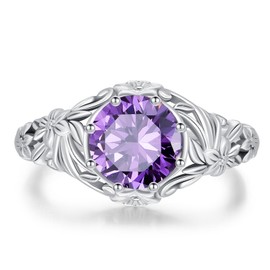 QKABTI Round Cut Amethyst Engagement Ring for Women 925 Sterling Silver Unique 8MM Amethyst Flower Rings Cocktail Party Birthday Gifts Size 4-11, Metal Gemstone, Amethyst