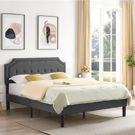 VECELO Premium Upholstered Platform Bed, Metal Frame & 12 Strong Wood Slat Support, Mattress Foundation/Diamond Stitched Panel Headboard/Easy Assembly,Full Grey