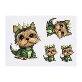 4 x 'Cute Yorkshire Terrier Puppy in Dino Costume' Temporary Tattoos - Water Resistant, Skin-Safe, Non-Toxic Transfers, Mixed Sizes (TO00077160)