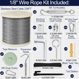 phepetroll 1/8" Wire Rope Kit 236FT Stainless Steel Aircraft Cable with M5 Turnbuckles, 7x7 Strand Core Vinyl Coated Guy Wire Tensioner Kit for Garden String Light, Pictuer, Clothes, Curtain Hanging