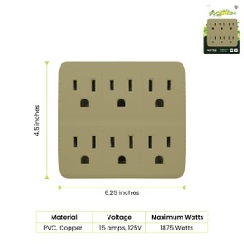 GoGreen Power (GG-16000TT) 6 Outlet Wall Tap Adapter, Grounded Adapter, Charging Station, 3-Prong, Secure Install, White