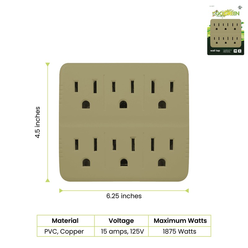 GoGreen Power (GG-16000TT) 6 Outlet Wall Tap Adapter, Grounded Adapter,