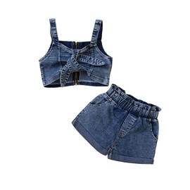 Toddler Baby Girls 2pcs Jeans Outfits, Denim Zipper Off-Shoulder Suspender Crop Tops+High Waist Jeans with Pockets 1-6Y(9#-Blue,5-6X)