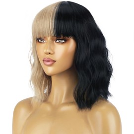 BERON 14 Inches Black Blonde Wig with Bangs Short Curly Black Blonde Split Wig for Women Daily Party Hairnet Include
