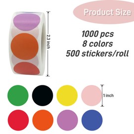 Dot Stickers Dot Labels Circle Round Dot Color Coding Stickers Labels 1 inch, 1000pcs, 2 Rolls, Easy to Use, Wide Application