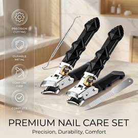 Wide Jaw Nail Clippers Set for Thick Toenails, 4 Pcs Heavy Duty Stainless Steel Nail Cutters with Effortless Anti-Slip Handle, Includes Nail File & Lifter Tool for Seniors, Men, Arthritis (Black)