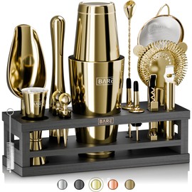 BARE BARREL® Mixology Bartender Kit Bar Set | 16-Piece Cocktail Shaker Set | Martini Barware Mixing Tools for Home Bartending | Incl. 35 Recipe Cards | Gift Set (28oz Boston Shaker, Gold/Black)