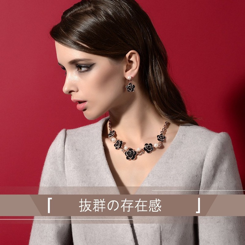 [IUHA] カメリア パール お花 フラワー ネックレス (ブラック)