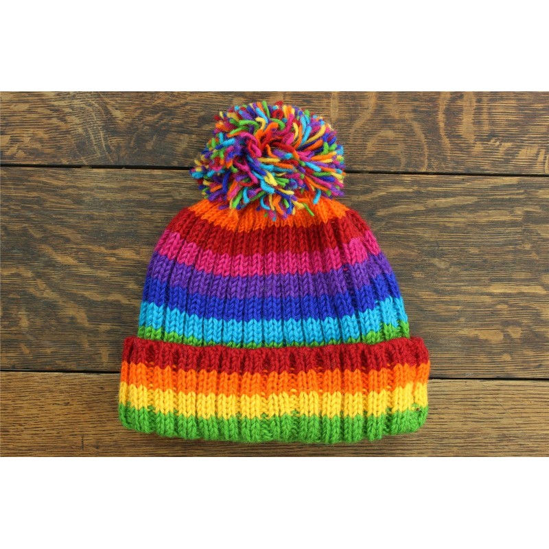 LOUDelephant Hand Knitted Wool Beanie Bobble Hat - Stripe Bright