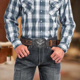 BISON DENIM Men's Western cowboy belt Classic Double embossed leather belts with Printed Engraved Buckle