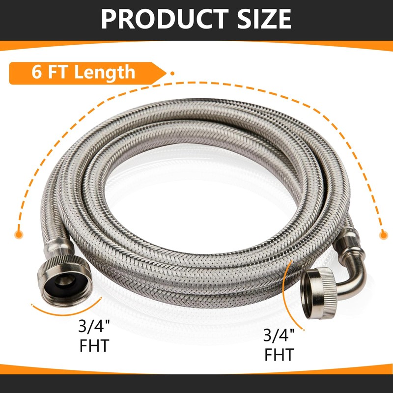 2-Pack HeSun 6 Ft Washing Machine Hose, 3/4" FHT Stainless