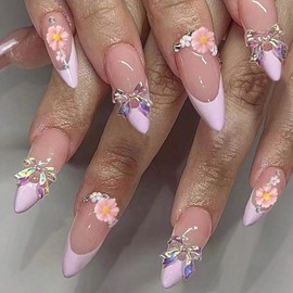 24Pcs French Tip Press on Nails Medium Almond Fake Nails 3D Bow Flower Design Handmade Glue on Nails Daisy False Nails Nude Pink Acrylic Nails Rhinestone Stick on Nails for Spring Summer Manicure Kit