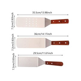 YANJIY Set of 3 Spatula Stainless Steel Set, Barbecue Turner Set Stainless Steel, Barbecue Turner Wooden Handle, Spatula Metal, Non-Stick, Anti-Rust, Wooden Handle, for Barbecue, Kitchen, Outdoor,