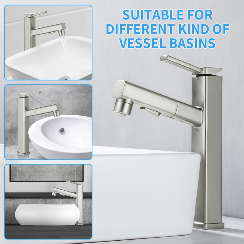 HANLIAN Single Hole Bathroom Pull Out Faucet with Rotating Spout,