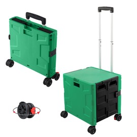 FELICON Folding Utility Cart Rolling Crate Handcart with Durable Heavy Duty Plastic Telescoping Handle Collapsible Hidden Lid 4 Rotate Wheels for Travel Shop Move Office Teacher Use(Dark Green&Black)