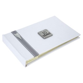 10 Years Tin Anniversary photo album, Holds forty 6x4 inch photos. Smart Grey ribbon with pewter (tin) heart design.