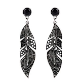 Extra Long Art Deco Nouveau Vintage Retro Style Jet Onyx Black Geometric Laser Cut Feather Rhinestone Statement Earrings