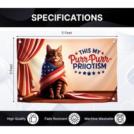 3x5 Feet Cool Cat with American Flag and Quote "This My Purr - Purr - Priiotism" with Four Brass Grommets - Single Sided Funny Flags for Dorm Room College - Polyester Wall Tapestry with Animal