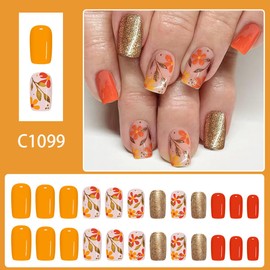 Fall Press on Nails Short Square Fake Nails Gold Glitter Acrylic Nails Press ons Autumn Flower Leaves Design Full Cover Orange False Nail Reusable Thanksgiving Stick on Nail for Women Manicure 24Pcs