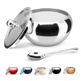 KooK Sugar Bowl with Lid and Spoon, Container with Lid, for Salt, Coffee, Holds 2 Cups, Dishwasher Safe, Stainless Steel, 16 Oz