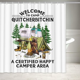 Funny Camper Shower Curtain, A Bear Drink Beer Camping Trailer Rv Tent Campfire in Forest Woodland Welcome to Camp Quitcherbitchin Quote Bathroom Curtain, Fabric Camping RV Shower Curtain 47X64IN