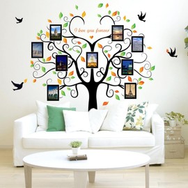 Beautiful Huge Family Tree Wall Decal,Waterproof Removable Heart Shape Wall Decor with Leaves and Birds Family Tree Photo Frame for Kids Room Children's Bedroom Home Art Decoration